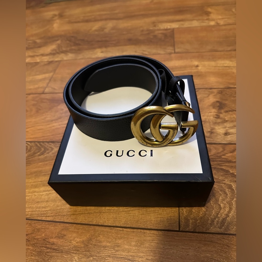 Authentic Gucci Black Belt with Gold Double G Buckle